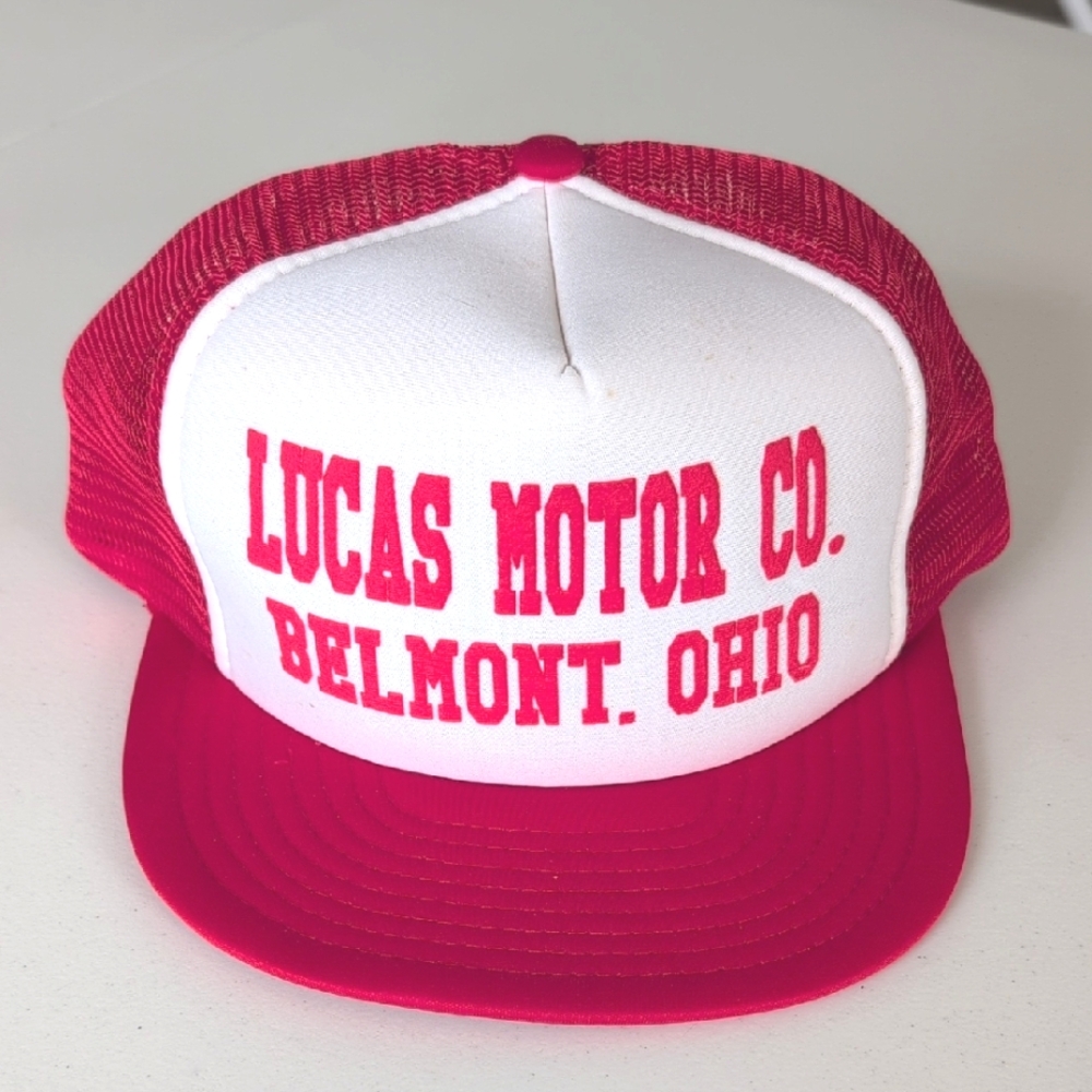 Vintage snap back mesh trucker hat. Lucas Motor Co. Designer Award Headwear.